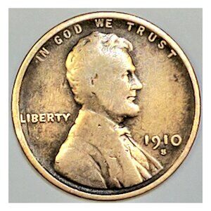 1910-S 1¢ LINCOLN WHEAT CENT COIN, SEMI-KEY DATE, SAN FRANCISCO, PENNY